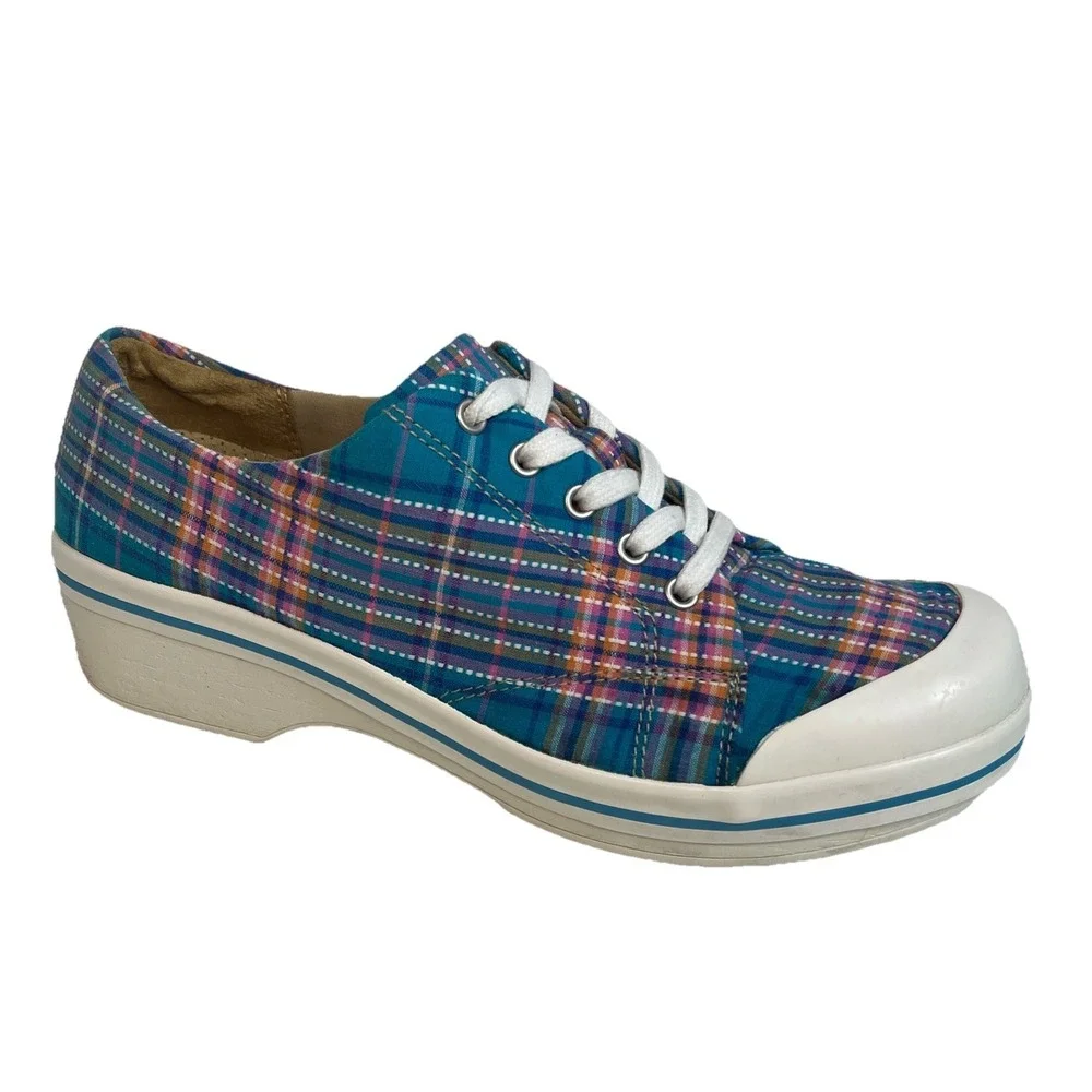 Dansko Women Veda Madras Blue/Pink Plaid Canvas‎ Platform Sneakers 41/10.5-11